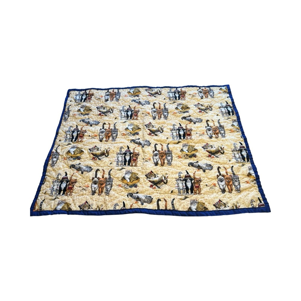 Vintage Style Beach‎ Cats Quilted Throw Blanket Blue Border Whimsical Feline Tan